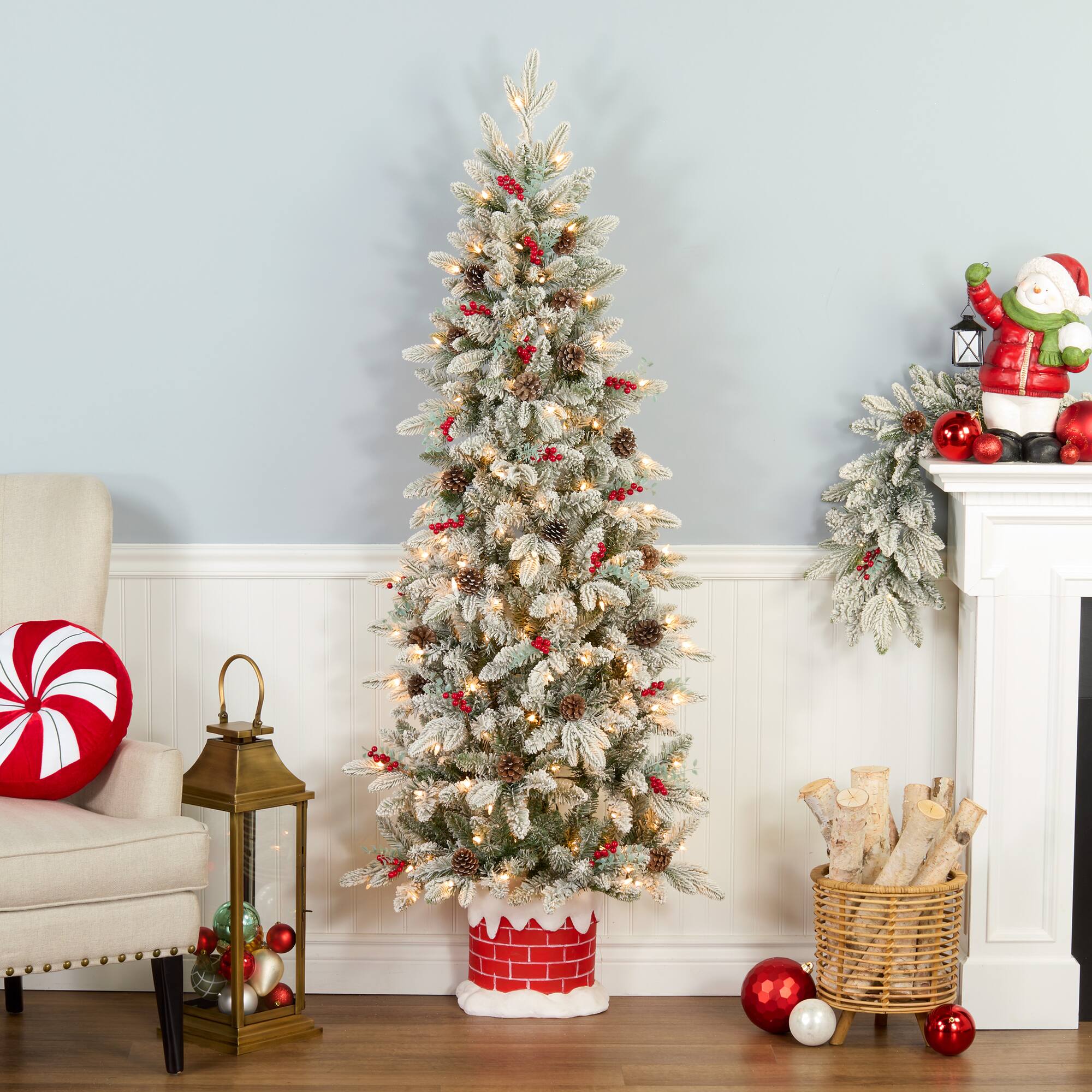 5ft. Pre-Lit Snowberry Pine Artificial Christmas Half Tree, Clear Lights